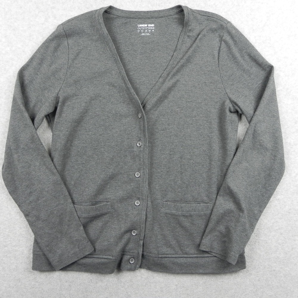 Lands End Cardigan Sweater Womens Medium V-Neck‎ Button Front Gray Long Sleeve